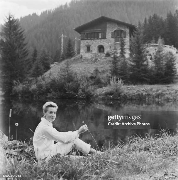 British actress Deborah Kerr during a holiday in the mountains, possibly Switzerland, circa 1966.