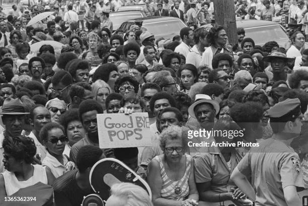 Fans gather outside the Corona Congregational Church in Queens, New York City, during the funeral of jazz trumpeter Louis Armstrong, USA, 9th July...