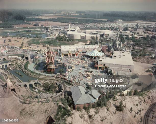 An aerial view of Disneyland in Anaheim, California, USA, circa 1955.