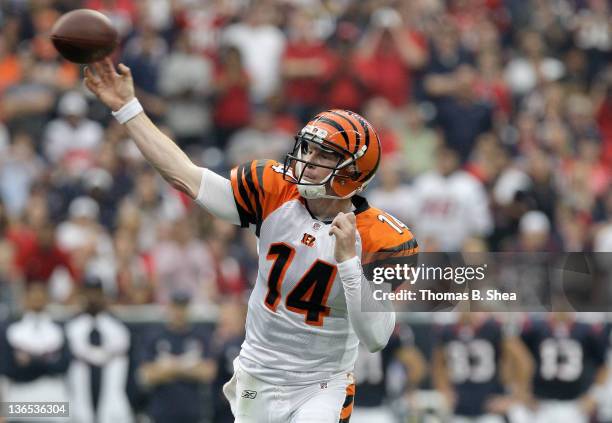 Andy Dalton of the Cincinnati Bengals throws a pass in the first half against the Houston Texans during their 2012 AFC Wild Card Playoff game at...