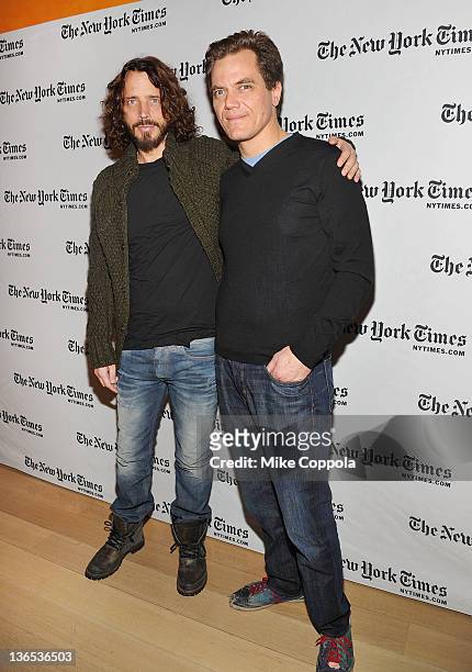 Singer/musician Chris Cornell and actor Michael Shannon attend the New York Times TimesTalk during the 2012 NY Times Arts & Leisure weekend at The...