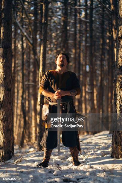 strong midevial warrior in the forest with a sword - ancient vikings stockfoto's en -beelden
