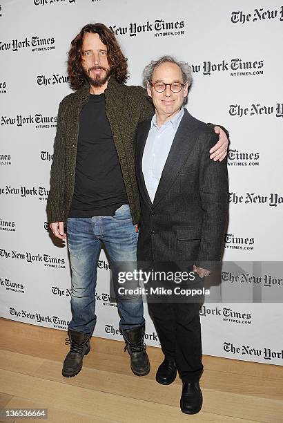 Singer/musician Chris Cornell and Writer Jon Pareles attend the New York Times TimesTalk during the 2012 NY Times Arts & Leisure weekend>> at The...