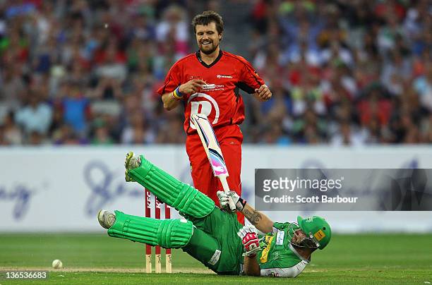 Dirk Nannes of the Renegades attempts to run out Matthew Wade of the Stars during the T20 Big Bash League match between the Melbourne Stars and the...