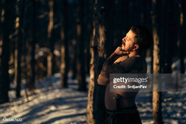 shirtless medieval warrior in the forest during sunset - larp stockfoto's en -beelden