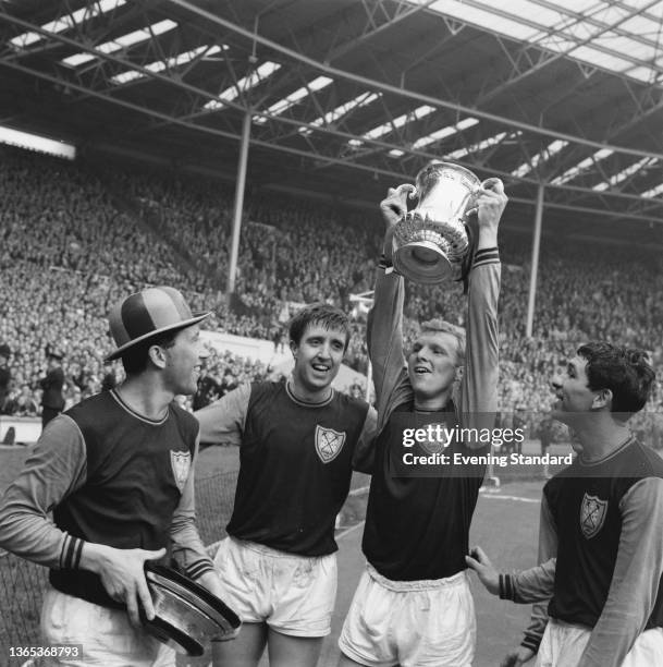 West Ham United win the 1964 FA Cup Final against Preston North End at Wembley Stadium in London, UK, 2nd May 1964. The score was 3-2. From left to...