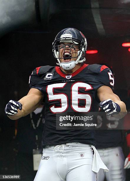 Brian Cushing of the Houston Texans is introduced prior to the AFC Wildcard Playoff game against the Cincinnati Bengals on January 7, 2012 at Reliant...