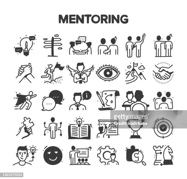 mentoring related hand drawn vector doodle icon set - mentor stock-grafiken, -clipart, -cartoons und -symbole