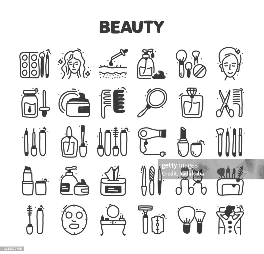 Beauty Related Hand Drawn Vector Doodle Icon Set