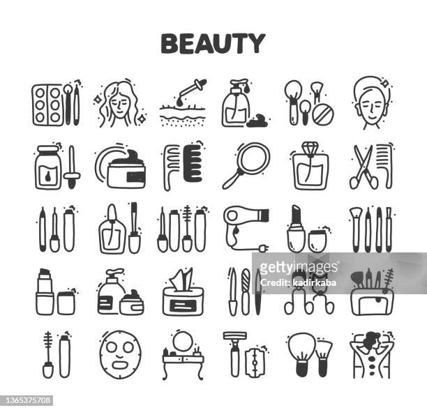 illustrazioni stock, clip art, cartoni animati e icone di tendenza di set di icone doodle vettoriale disegnato a mano relativo alla bellezza - salone di bellezza