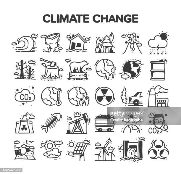 climate change related hand drawn vector doodle icon set - floods and drought 幅插畫檔、美工圖案、卡通及圖標