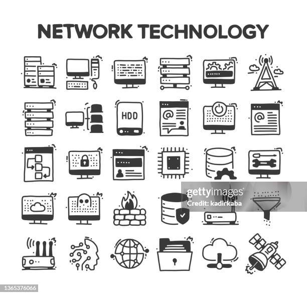 ilustrações de stock, clip art, desenhos animados e ícones de network technology related hand drawn vector doodle icon set - server illustration