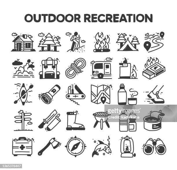 outdoor recreation related hand drawn vector doodle icon set - bergsteiger mit karte und rucksack stock-grafiken, -clipart, -cartoons und -symbole