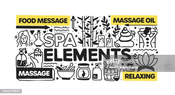spa elements object and elements. vector doodle illustration collection. hand drawn icon set or banner template - face massage stock illustrations