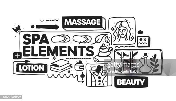spa elements object and elements. vector doodle illustration collection. hand drawn icon set or banner template - face massage stock illustrations