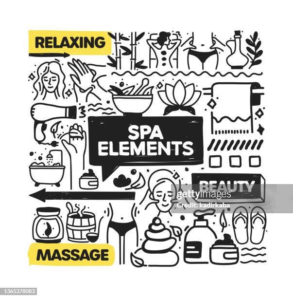 spa elements object and elements. vector doodle illustration collection. hand drawn icon set or banner template - hand massage stock illustrations