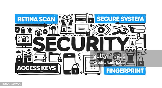 Security object and elements. Vector doodle illustration collection. Hand drawn icon set or banner template Security object and elements. Vector doodle illustration collection. Hand drawn icon set or banner template