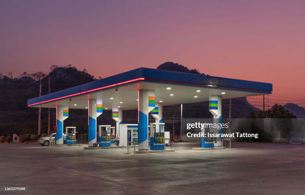 Gas station at sunset.
