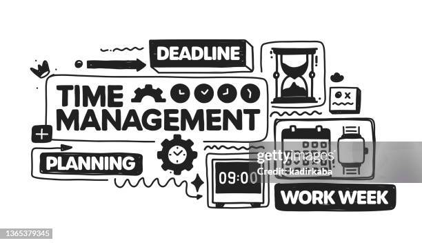 time management object and elements. vector doodle illustration collection. hand drawn icon set or banner template - digital clock stock illustrations