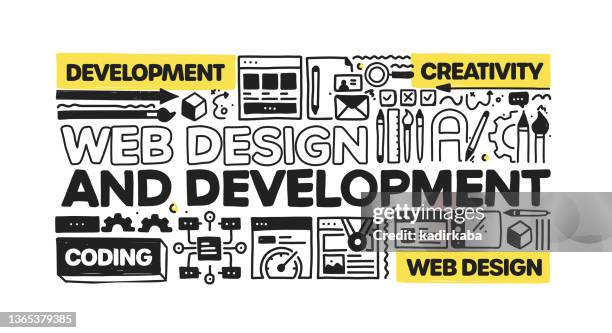 web design and development object and elements. vector doodle illustration collection. hand drawn icon set or banner template - website portfolio stock illustrations