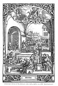 Lively representation of Germany city life in Renaissance times, 16th century: workshops, music, print,scientific observation, art painting and marketplace