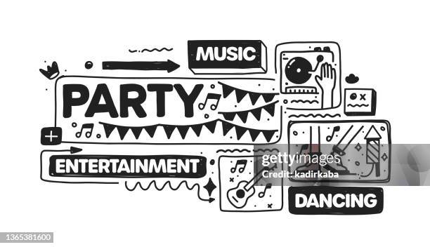 party object and elements. vector doodle illustration collection. hand drawn icon set or banner template - cake decorating stock illustrations