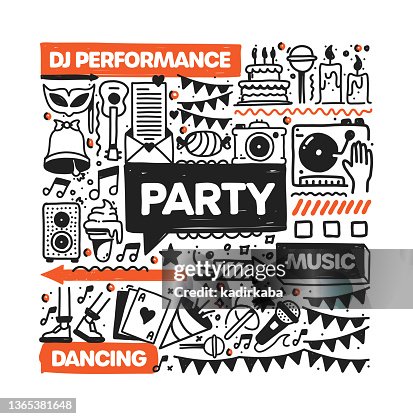 Party object and elements. Vector doodle illustration collection. Hand drawn icon set or banner template Party object and elements. Vector doodle illustration collection. Hand drawn icon set or banner template