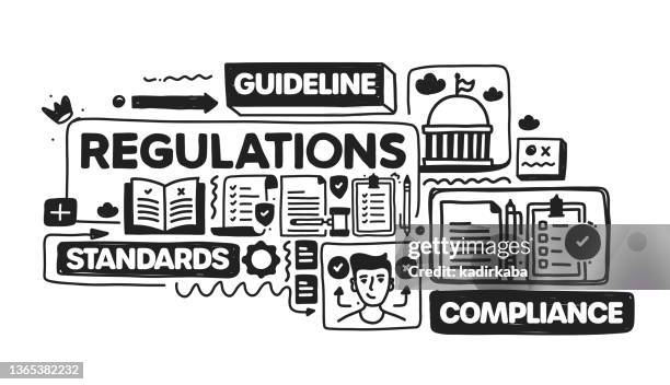 regulations object and elements. vector doodle illustration collection. hand drawn icon set or banner template - rules stock illustrations