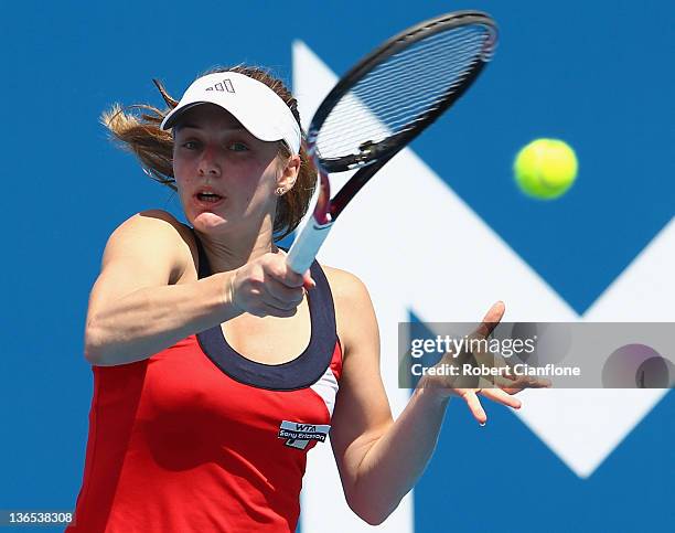 Anna Chakvetadze of Russia plays a forehand in her singles match against Monica Niculescu of Romania during day one of the 2012 Hobart International...