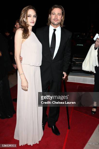 Actors Angelina Jolie and Brad Pitt arrive at Mercedes-Benz at Palm Springs International Film Festival awards gala on January 7, 2012 in Palm...
