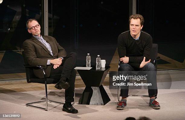 David Carr and actor Michael Shannon attend the New York Times TimesTalk during the 2012 NY Times Arts & Leisure weekend at The Times Center on...