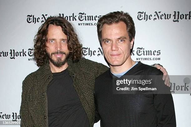 Singer/songwriter Chris Cornell and actor Michael Shannon attend the New York Times TimesTalk during the 2012 NY Times Arts & Leisure weekend at The...