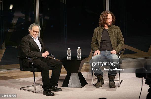 Jon Pareles and singer/songwriter Chris Cornell attend the New York Times TimesTalk during the 2012 NY Times Arts & Leisure weekend at The Times...