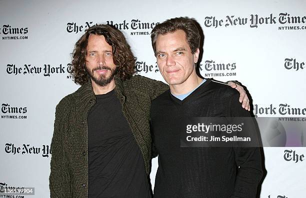 Singer/songwriter Chris Cornell and actor Michael Shannon attend the New York Times TimesTalk during the 2012 NY Times Arts & Leisure weekend at The...