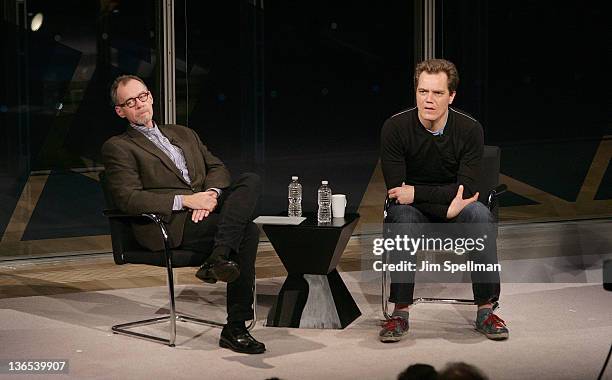 David Carr and actor Michael Shannon attend the New York Times TimesTalk during the 2012 NY Times Arts & Leisure weekend at The Times Center on...