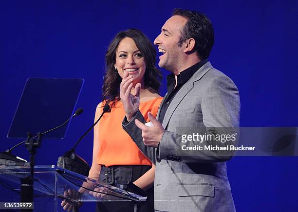 Actors Berenice Bejo and Jean Dujardin speaks onstage during The 23rd Annual Palm Springs International Film Festival Awards Gala at the Palm Springs...