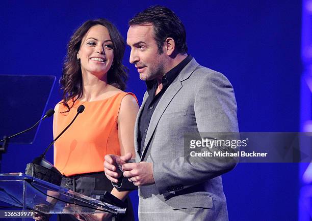 Actors Berenice Bejo and Jean Dujardin speaks onstage during The 23rd Annual Palm Springs International Film Festival Awards Gala at the Palm Springs...