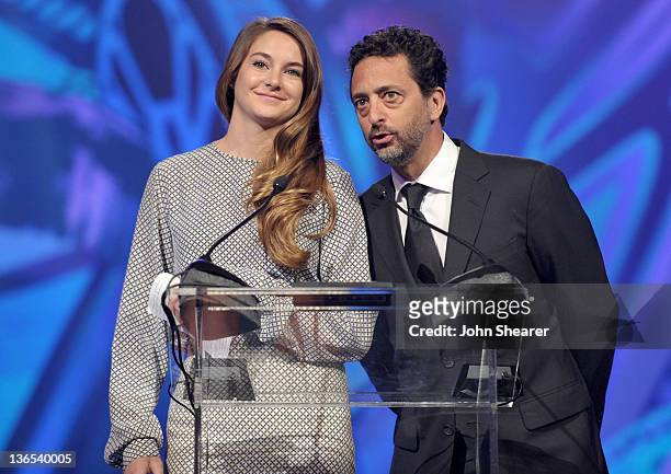 Actors Shailene Woodley and Grant Heslov speak onstage during The 23rd Annual Palm Springs International Film Festival Awards Gala at the Palm...