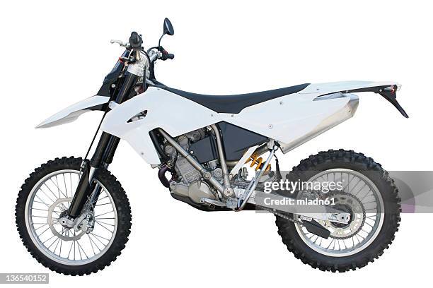 white and black dirt bike over a white backgound - motocross stockfoto's en -beelden