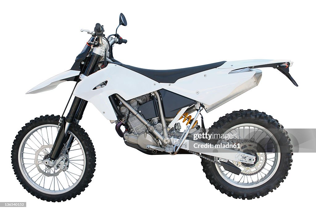 White and black dirt bike over a white backgound