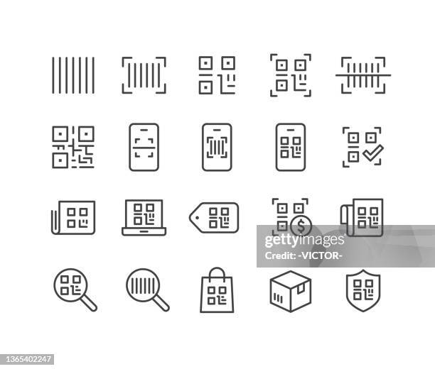qr code and bar code icons - classic line series - scan barcode stock illustrations