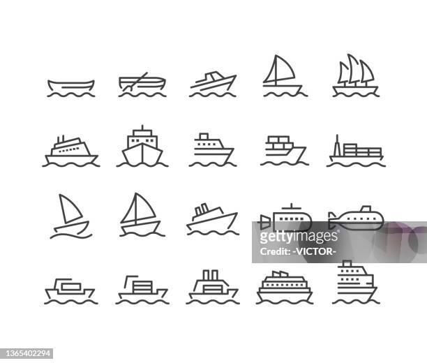 schiffs- und bootsikonen - classic line series - industriell genutztes schiff stock-grafiken, -clipart, -cartoons und -symbole