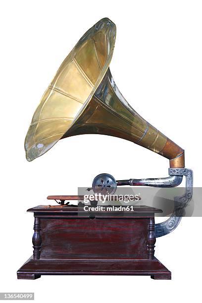 old gramophone from an isolate white background - vintage turntable stock pictures, royalty-free photos & images