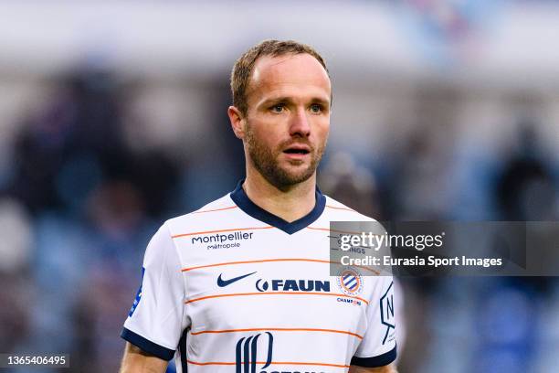 Valere Germain of Montpellier walks in the field during the Ligue 1 Uber Eats match between RC Strasbourg and Montpellier HSC at Stade de la Meinau...