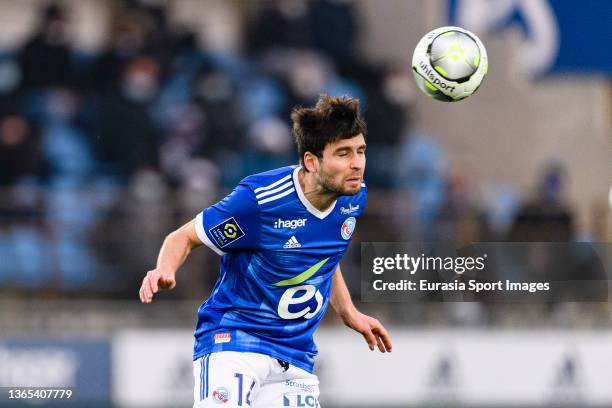 Sanjin Prcic of RC Strasbourg heads the ball during the Ligue 1 Uber Eats match between RC Strasbourg and Montpellier HSC at Stade de la Meinau on...