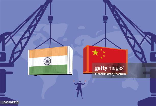 bildbanksillustrationer, clip art samt tecknat material och ikoner med business men command the tower crane to lift chinese containers and indian containers - indien