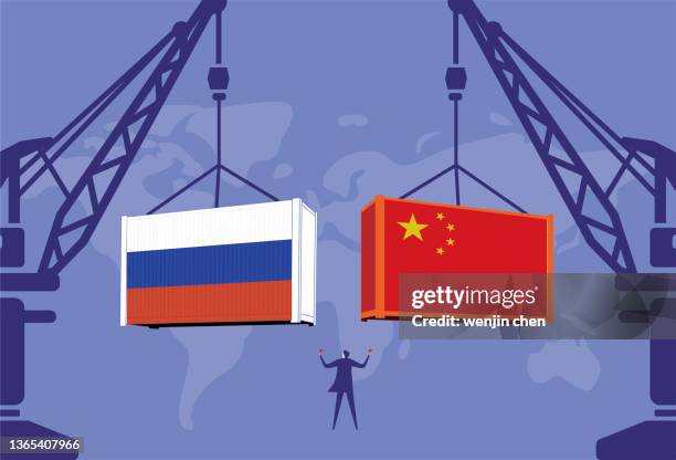 stockillustraties, clipart, cartoons en iconen met business men command the tower crane to lift chinese containers and russian containers - rusia