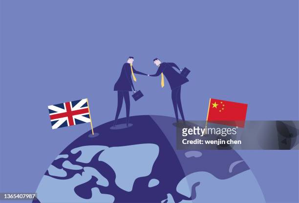 british business men and chinese business men shake hands on the earth and develop together - chinese friends stock illustrations