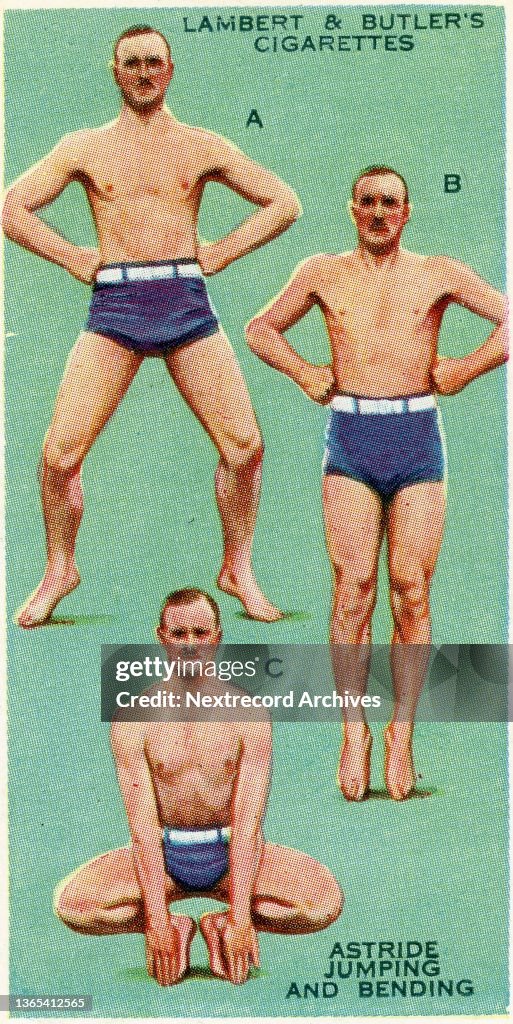 Collectible cigarette card, Squats, Get Fit series, 1937