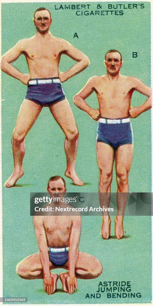 Collectible cigarette card, Squats, Get Fit series, 1937